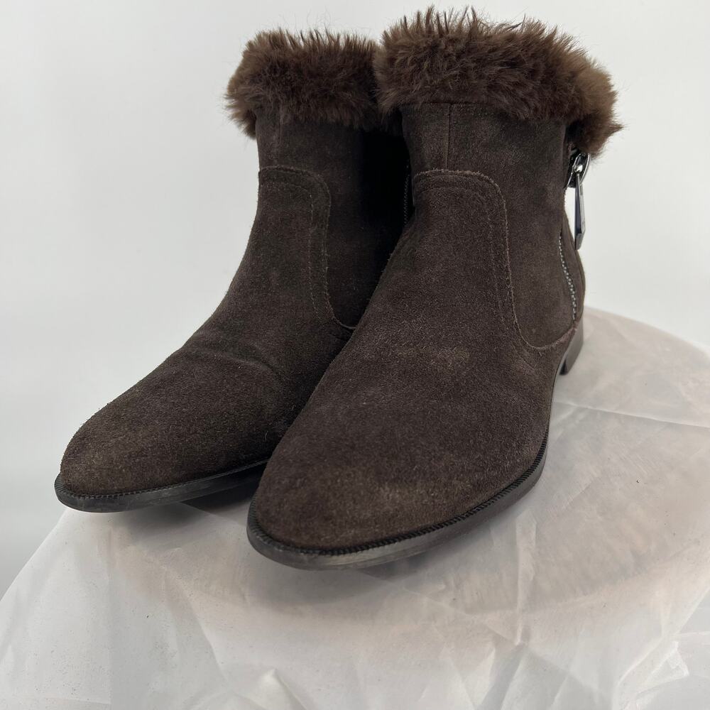 MARC FISHER Woman's Brown Suede Booties Faux Fur Trim 7M Whimseygoth Retro Glam
